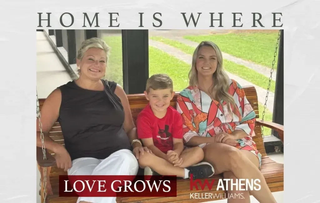 Christa Tippit with family on a porch swing, under the words Home Is Where Love Grows