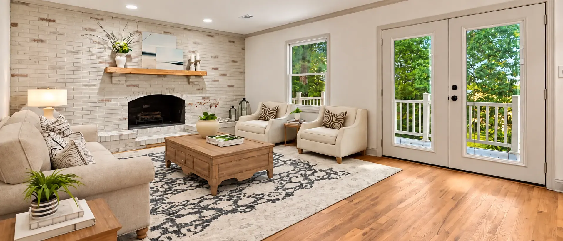 A living room with a stone fireplace and open doors onto a covered porch